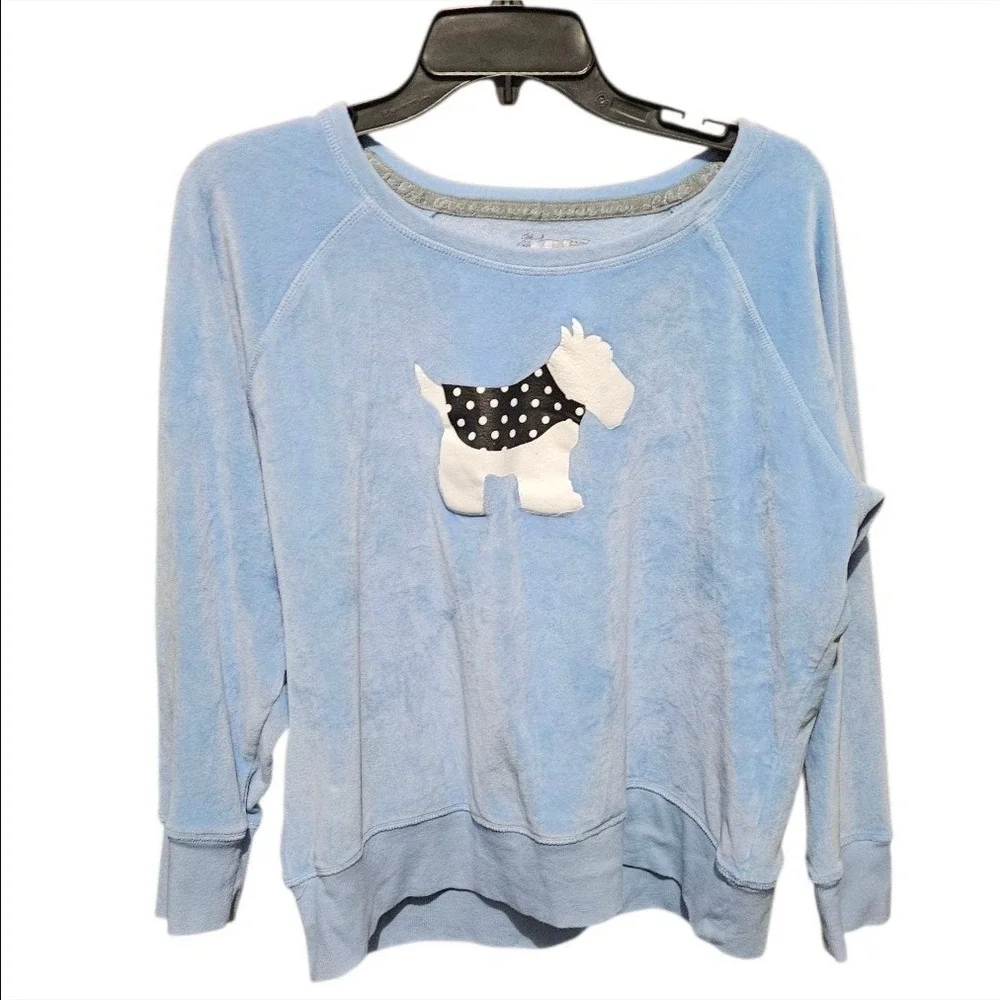 MUK LUKS Women's Light Blue Velour Scottish‎ Terrier Dog Applique Sweatshirt XL - Picture 2 of 9